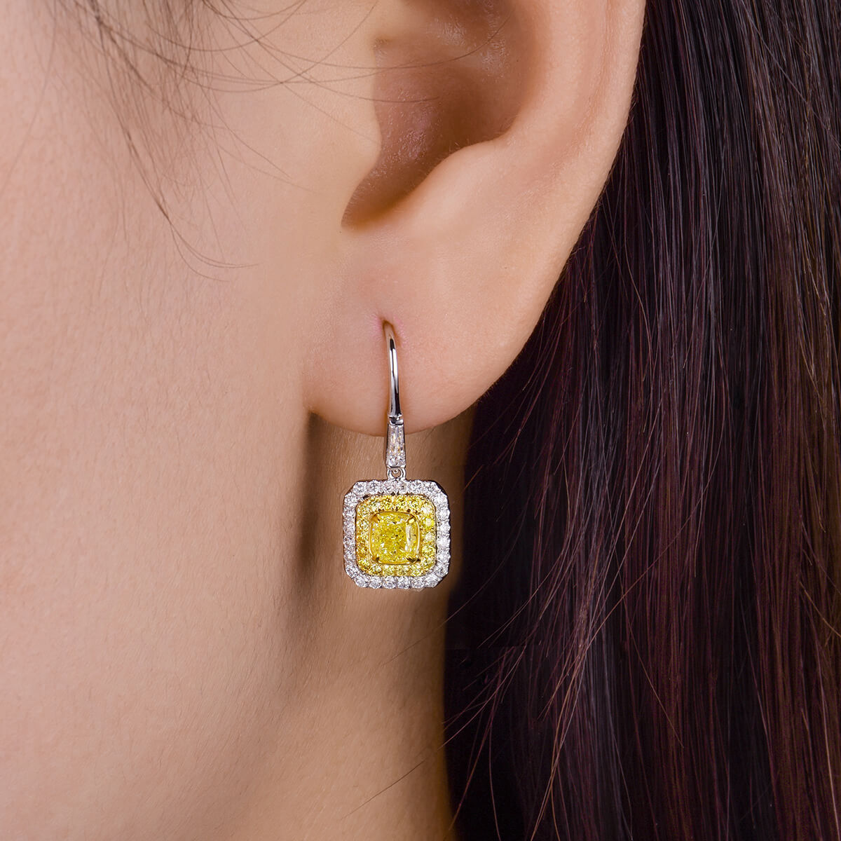 Natural Fancy Yellow & White Drop Earrings, 18K White Gold, Cushion Shape, 1.90 Ct. TW