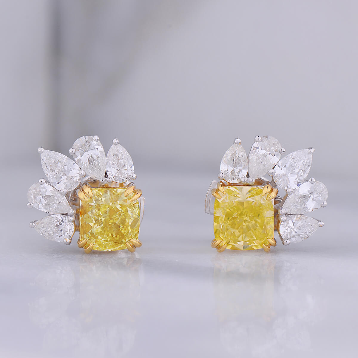 Natural Fancy Yellow & White Cluster Earrings, 18K White Gold, Cushion & Pear Shape, 2.80 Ct. TW