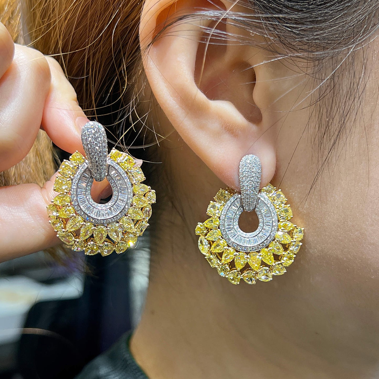 Natural Yellow & White Diamond Drop Earrings, 18K White & Yellow Gold, 15.50 Ct. TW