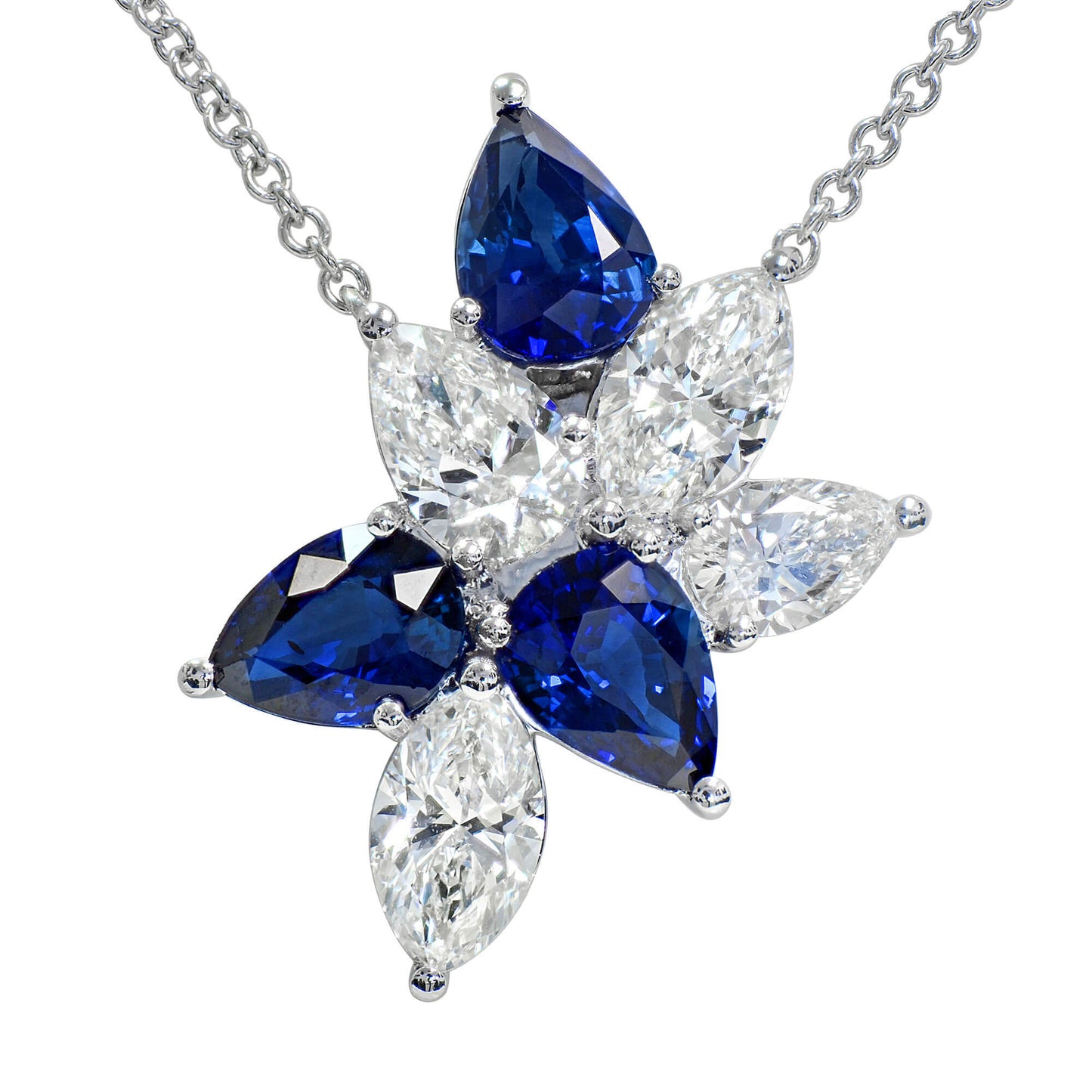 Natural Diamond and Blue Sapphire Pendant, 18K White Gold, Pear Shape, 4.28 Ct. TW