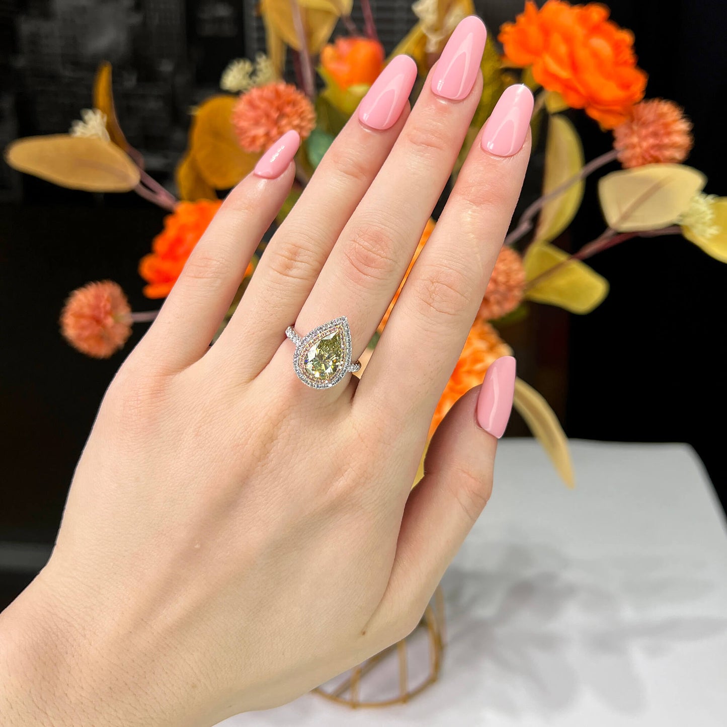 Fancy Brownish Greenish Yellow Diamond Ring, 3.15 Ct. TW, Pear shape, GIA Certified