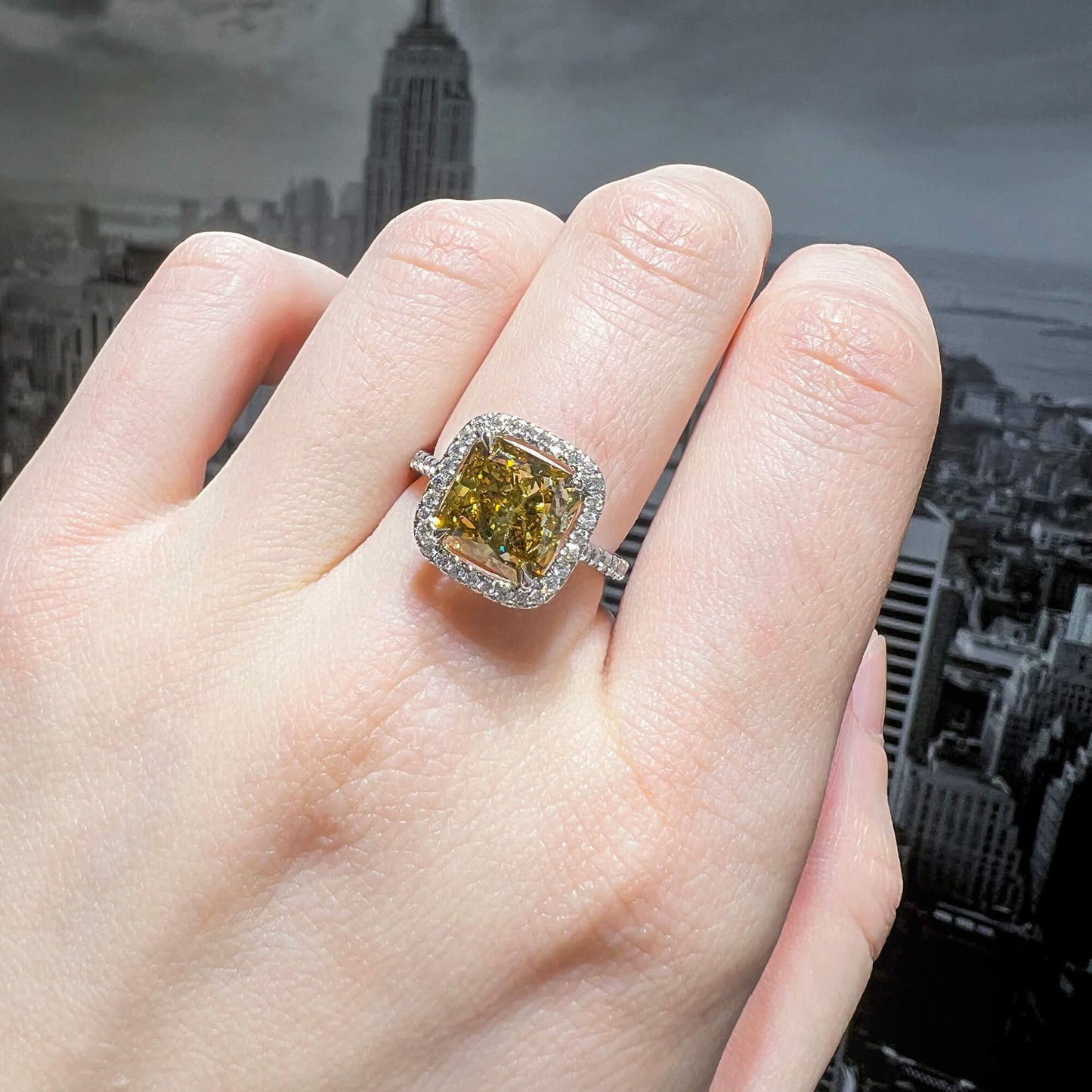 Natural Fancy Dark Brown-Greenish Yellow Diamond Halo Ring, 18K White Gold, Radiant Shape, 4.50 Ct. TW