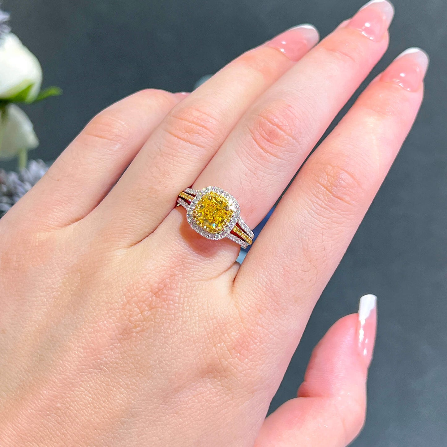 Natural Fancy Vivid Yellow Diamond Halo Ring, 18K White & Yellow Gold, Cushion Shape, 2.08 Ct. TW