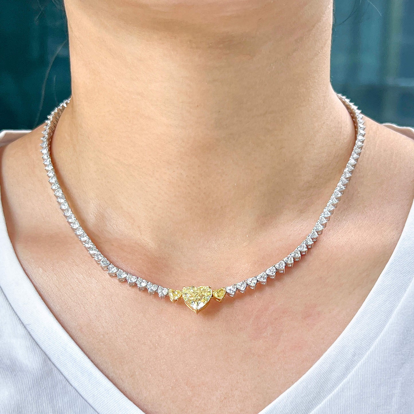 Natural White and Fancy Yellow Diamond Tennis Necklace, 18K White & Yellow Gold, Heart Shape, 16.73 Ct. TW