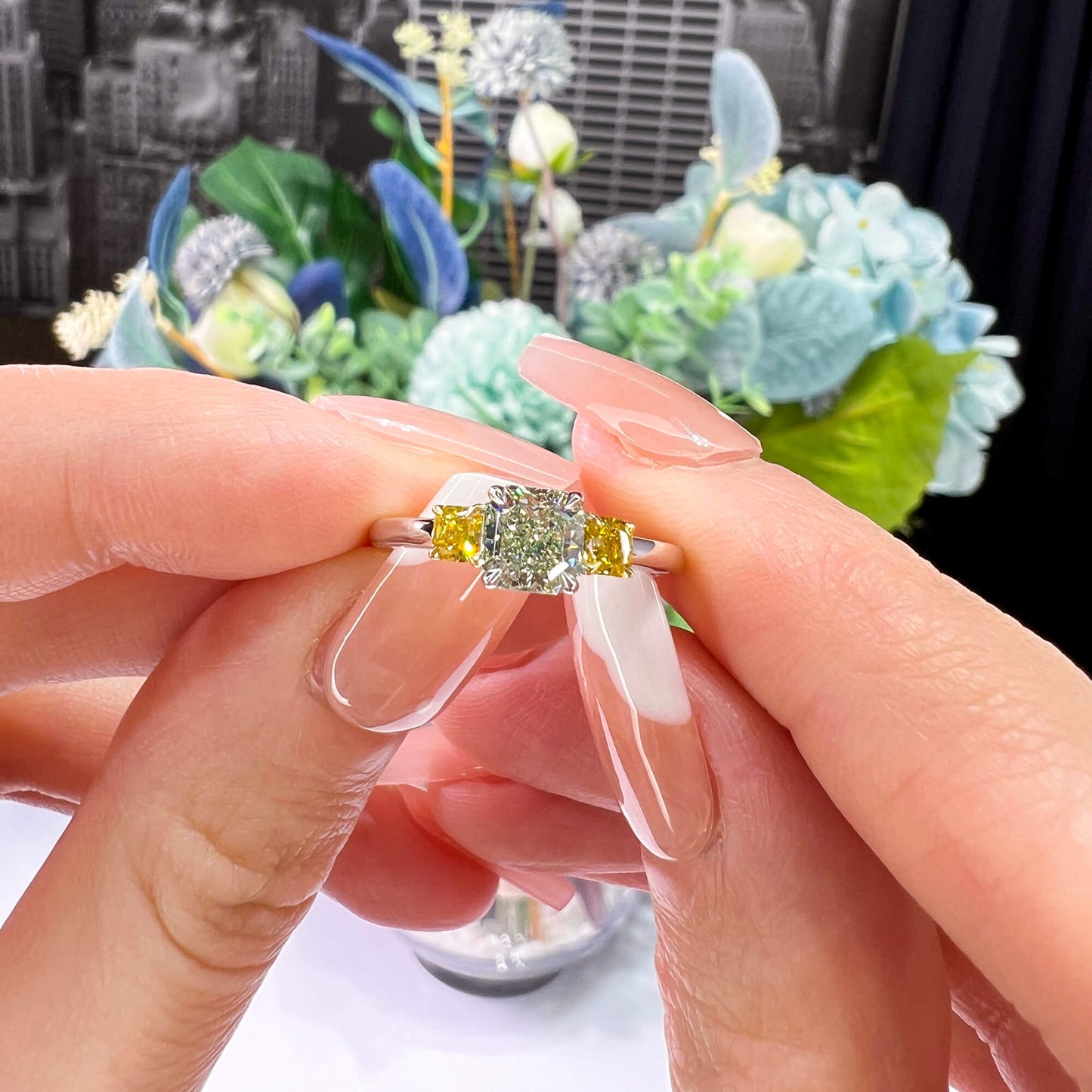 Natural Light Yellow Green Diamond Three Stone Ring, 18K White & Yellow Gold, Radiant Shape, 1.19 Ct. TW