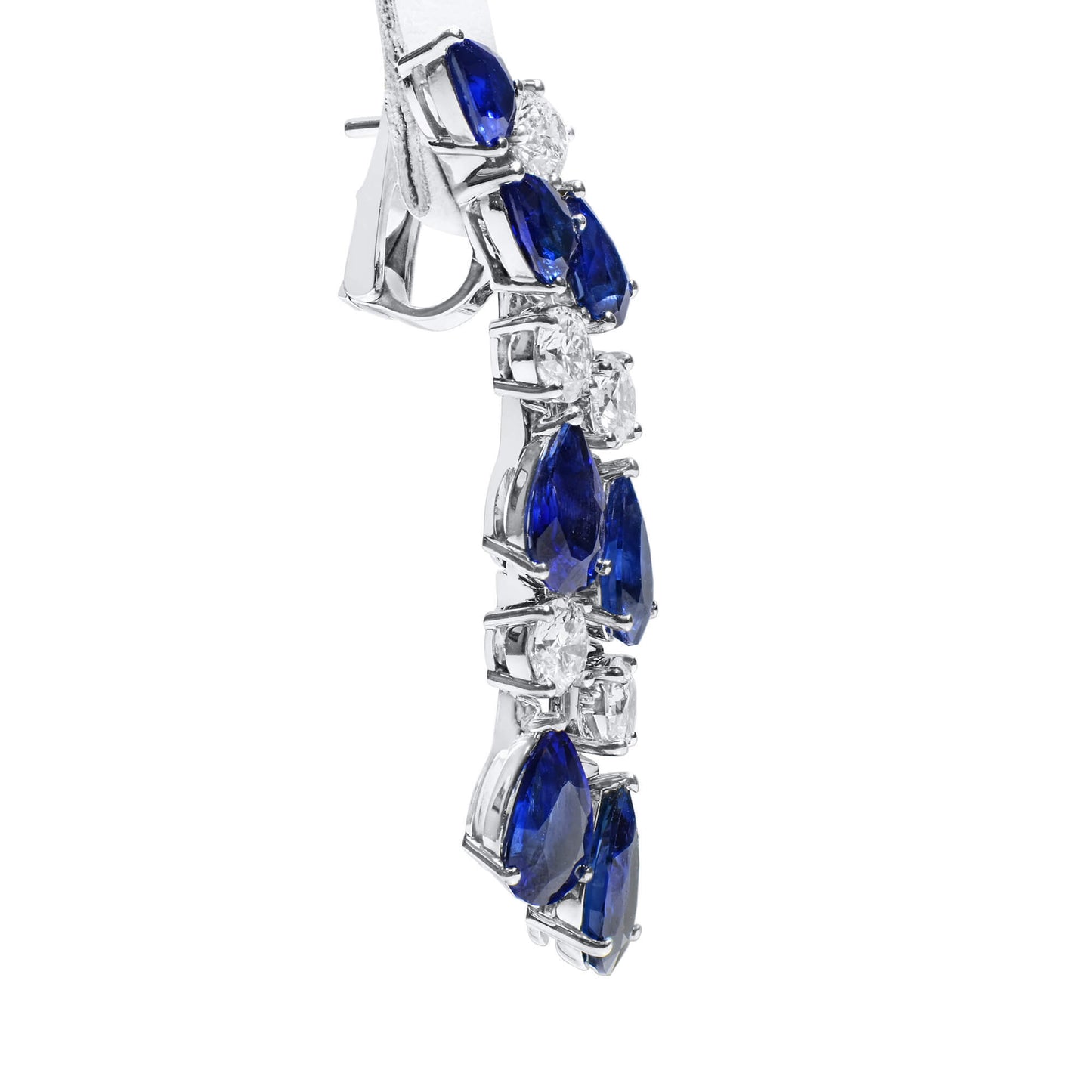 Natural Blue Sapphire Chandelier Earrings, 18K White Gold, Pear Shape, 20.11 Ct. TW