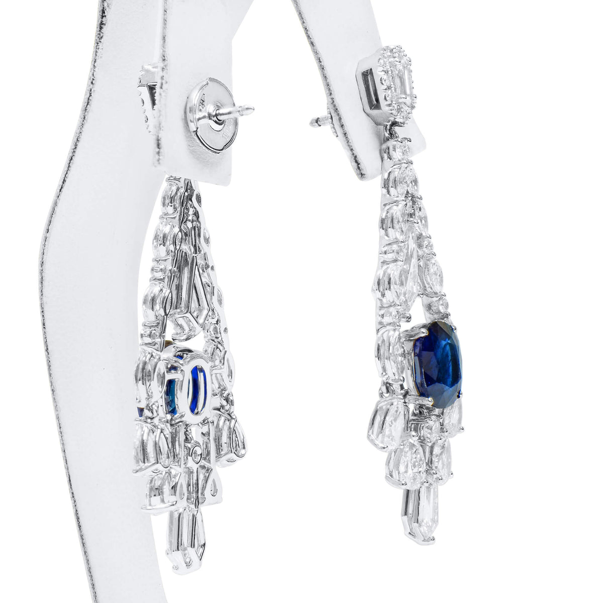 Natural 10.97 Ct. TW Oval-Cut Unheated Burmese Deep Blue Sapphire & Diamond Chandelier Earrings, 18K White Gold