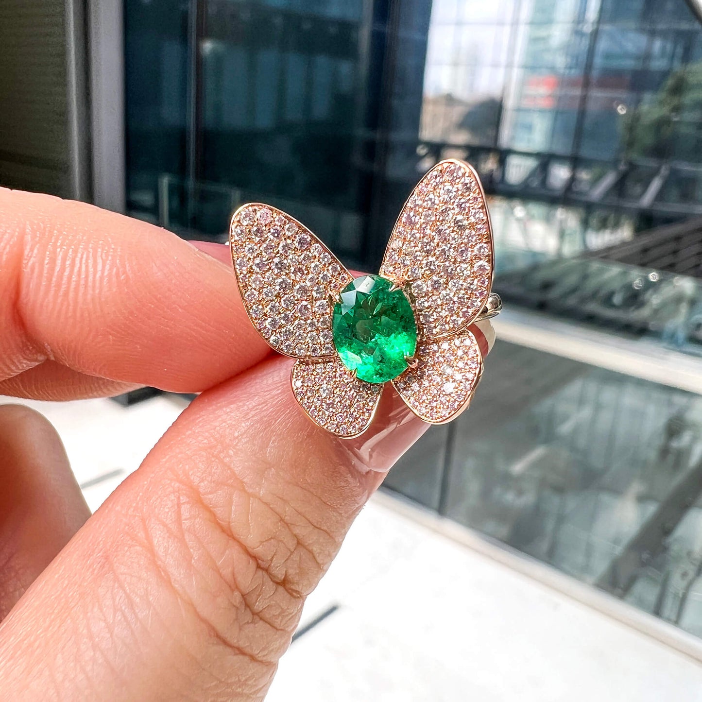 Natural 1.35 Ct. TW Oval-Cut Colombian Emerald Butterfly Ring, 18K White & Rose Gold