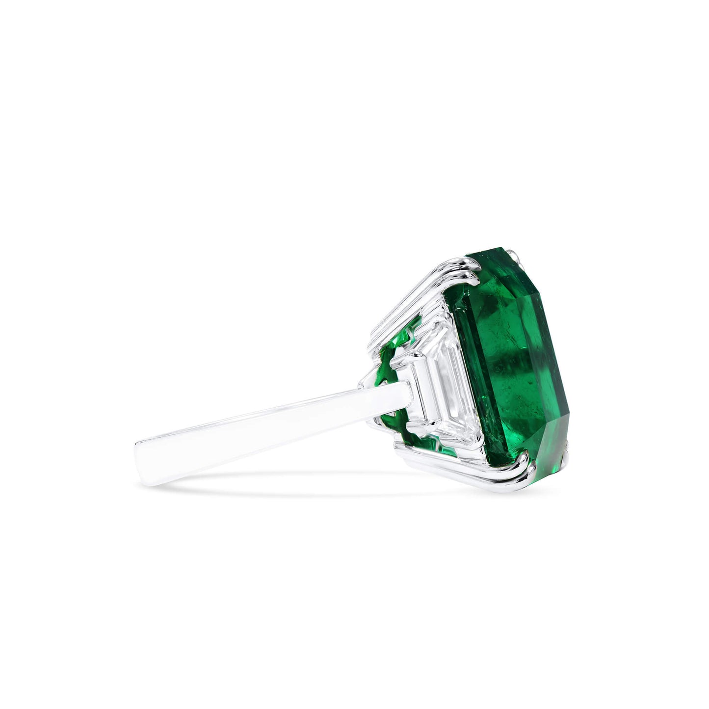 Natural Green Colombian Emerald Three Stone Ring, 18K White Gold, Octagonal Shape, 17.20 Ct. TW