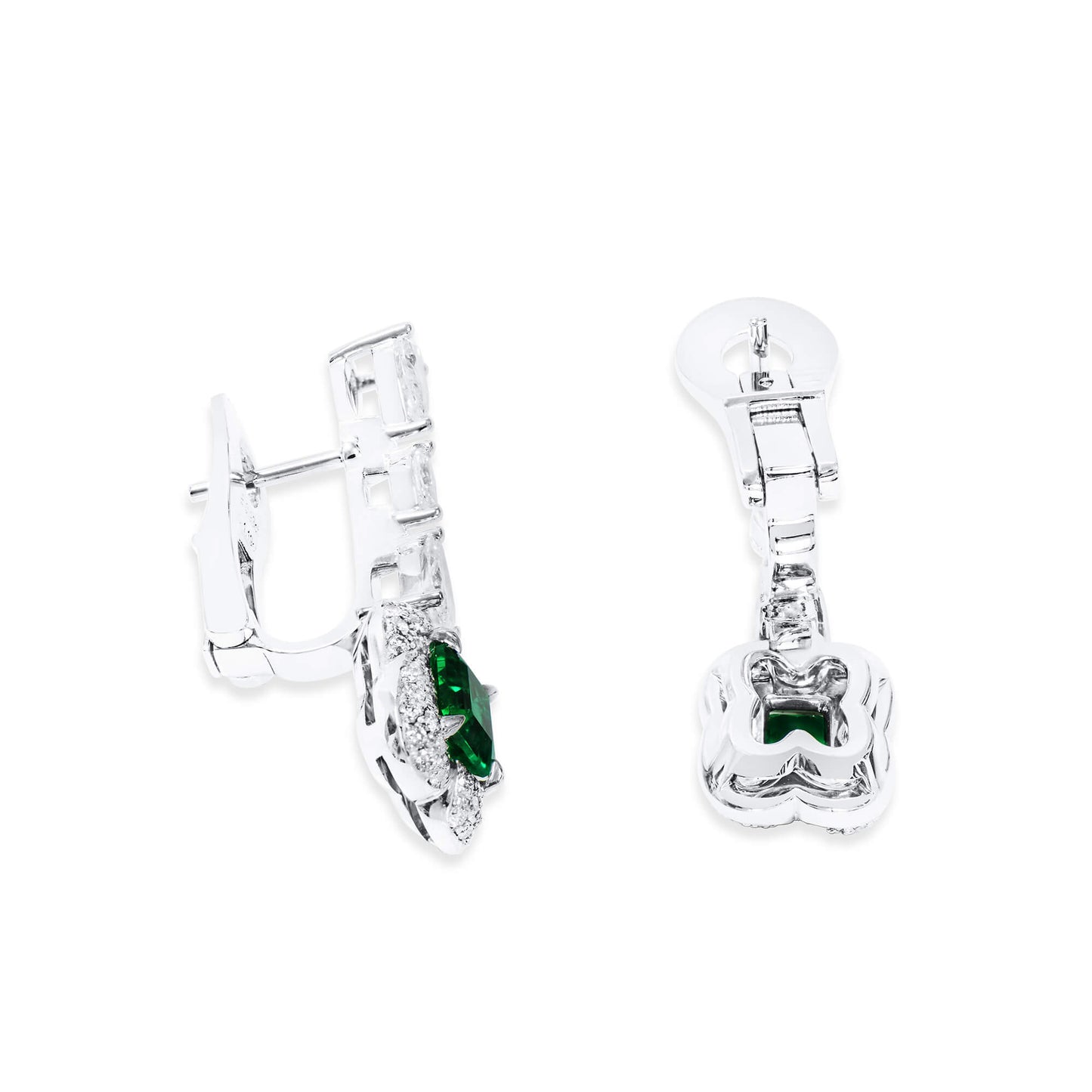 Natural Green Emerald Drop Earrings, 18K White Gold, Cushion Shape, 2.12 Ct. TW