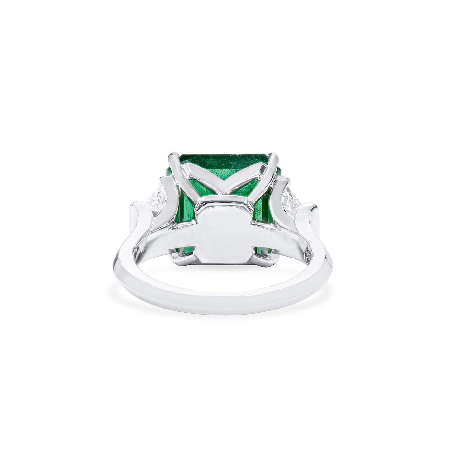 Natural Green Emerald Three Stone Ring, 18K White Gold, Radiant Shape, 8.56 Ct. TW