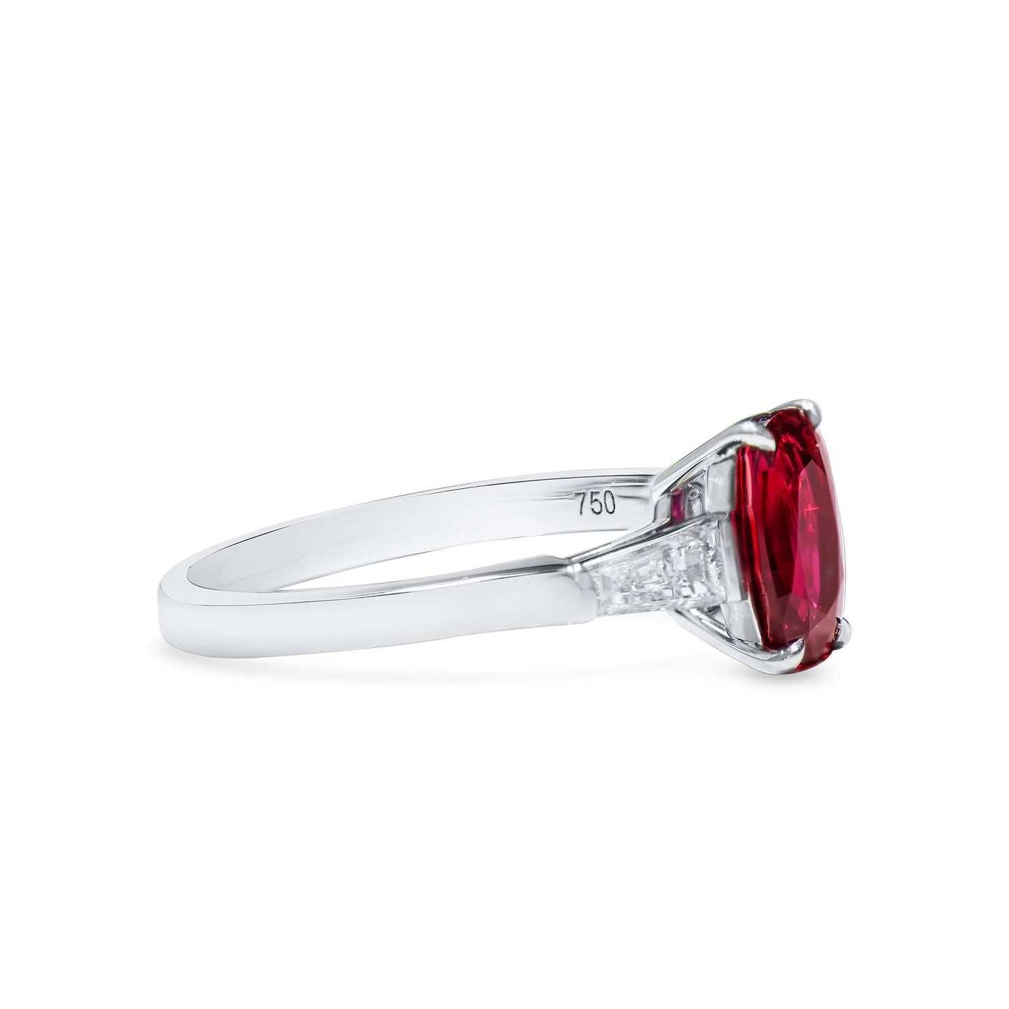Natural purplish red Ruby Three Stone Ring, 18K White Gold, Oval Shape, 2.46 Ct. TW