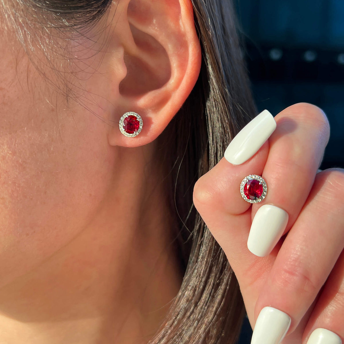 Natural 2.36 Ct. Oval-Cut Burmese Ruby Stud Earrings, 18K White Gold