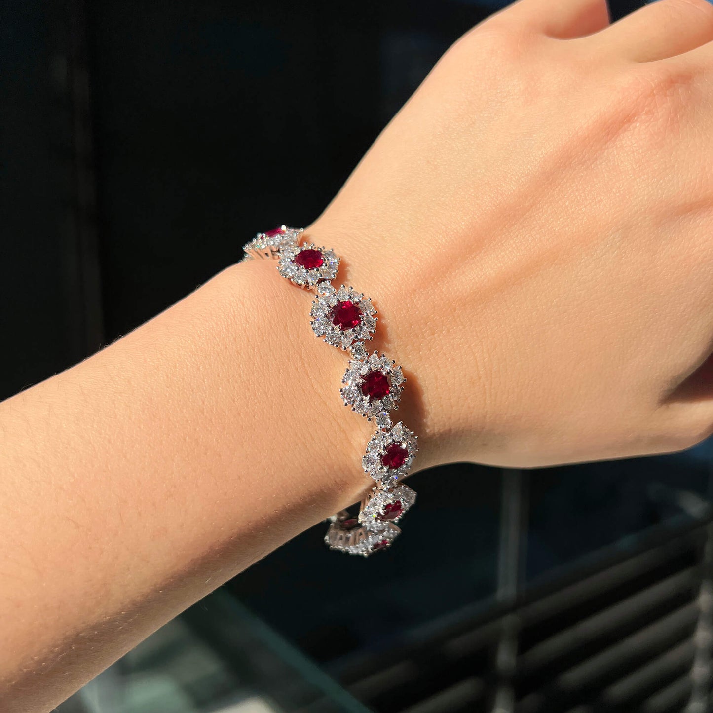 Natural Vivid Red Ruby Bracelet, 18K White Gold, Oval Shape, 18.84 Ct. TW