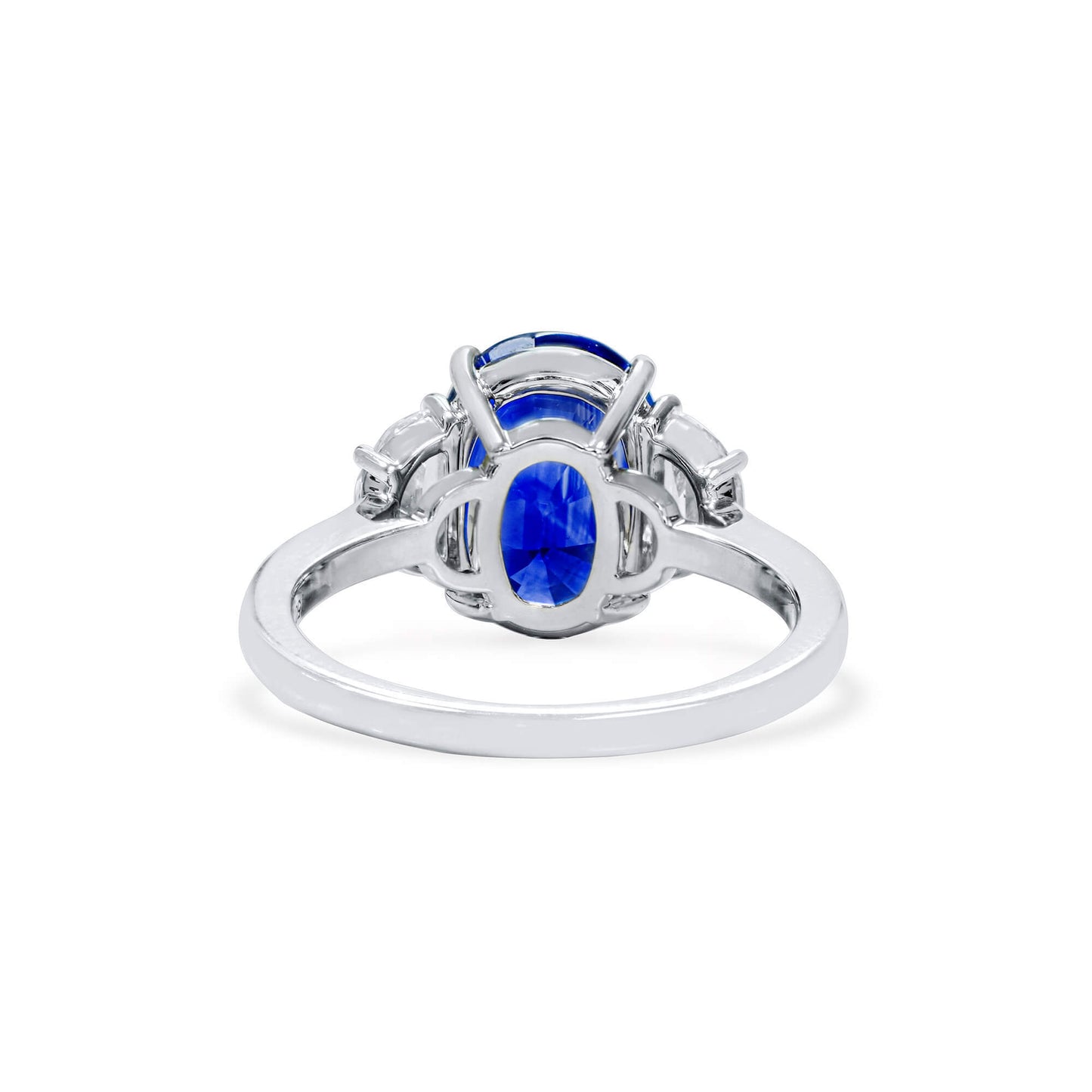 Natural Vivid Blue Ceylon Sapphire Three Stone Ring, 18K White Gold, Oval Shape, 5.11 Ct. TW