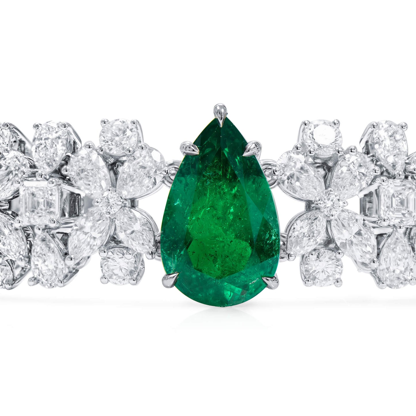Natural Vivid Green Colombian Emerald & Diamond Bracelet, 18K White Gold, Pear Shape, 22.40 Ct. TW