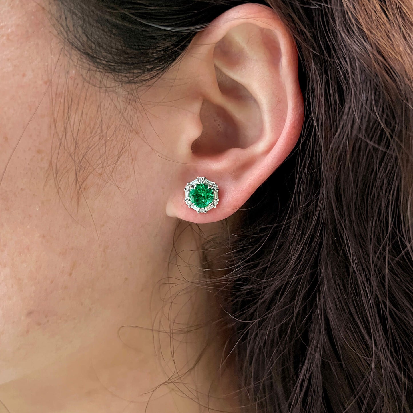 Natural Vivid Green Colombian Emerald Studs Earrings, 18K White Gold, Round Shape, 2.34 Ct. TW, Not Treated