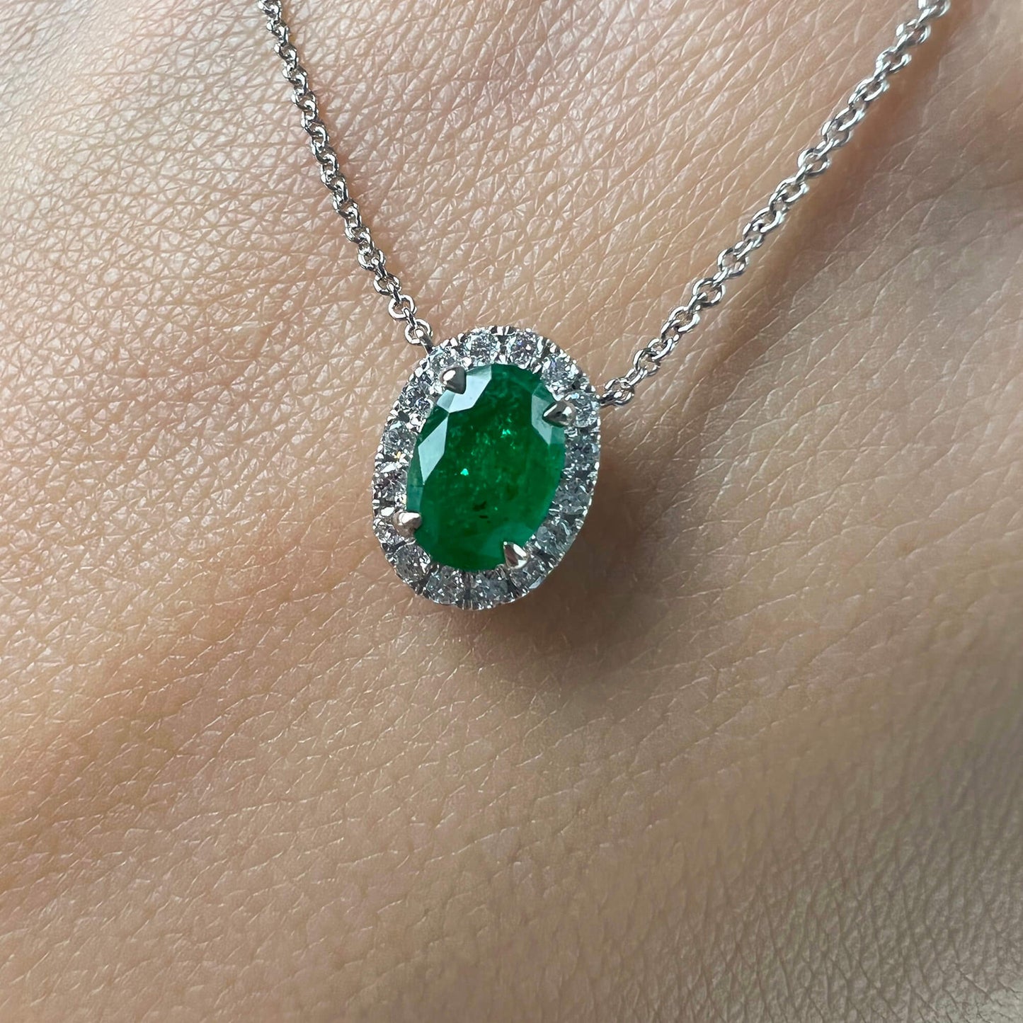Natural Green Colombian Emerald Necklace, 18K White Gold, Oval Shape, 0.72 Ct. TW