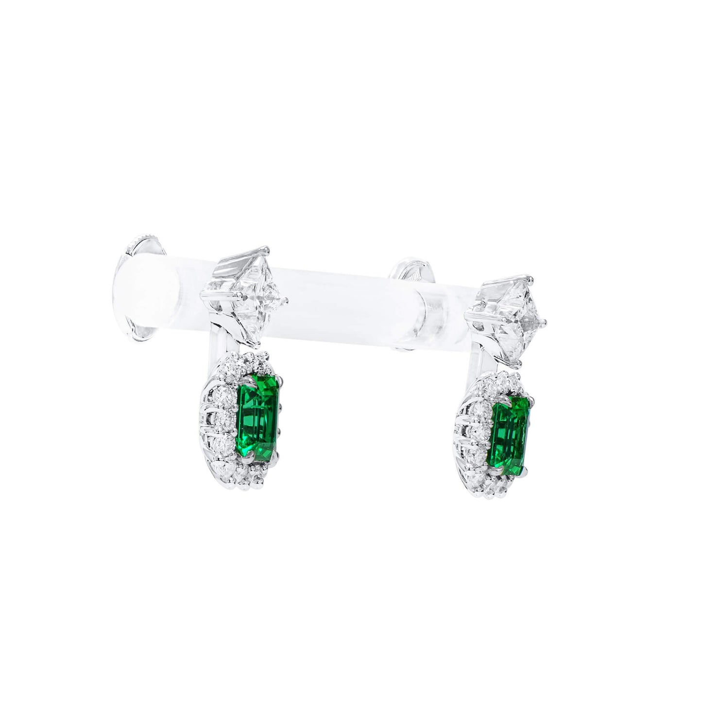Natural Vivid Green Colombian Emerald Drop Earrings, 18K White Gold, Emerald Shape, 2.61 Ct. TW
