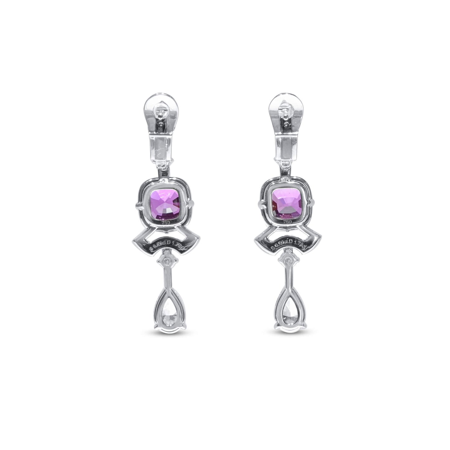 Natural Pink Madagascar Sapphire Drop Earrings, 18K White Gold, Cushion Shape, 8.28 Ct. TW, unheated