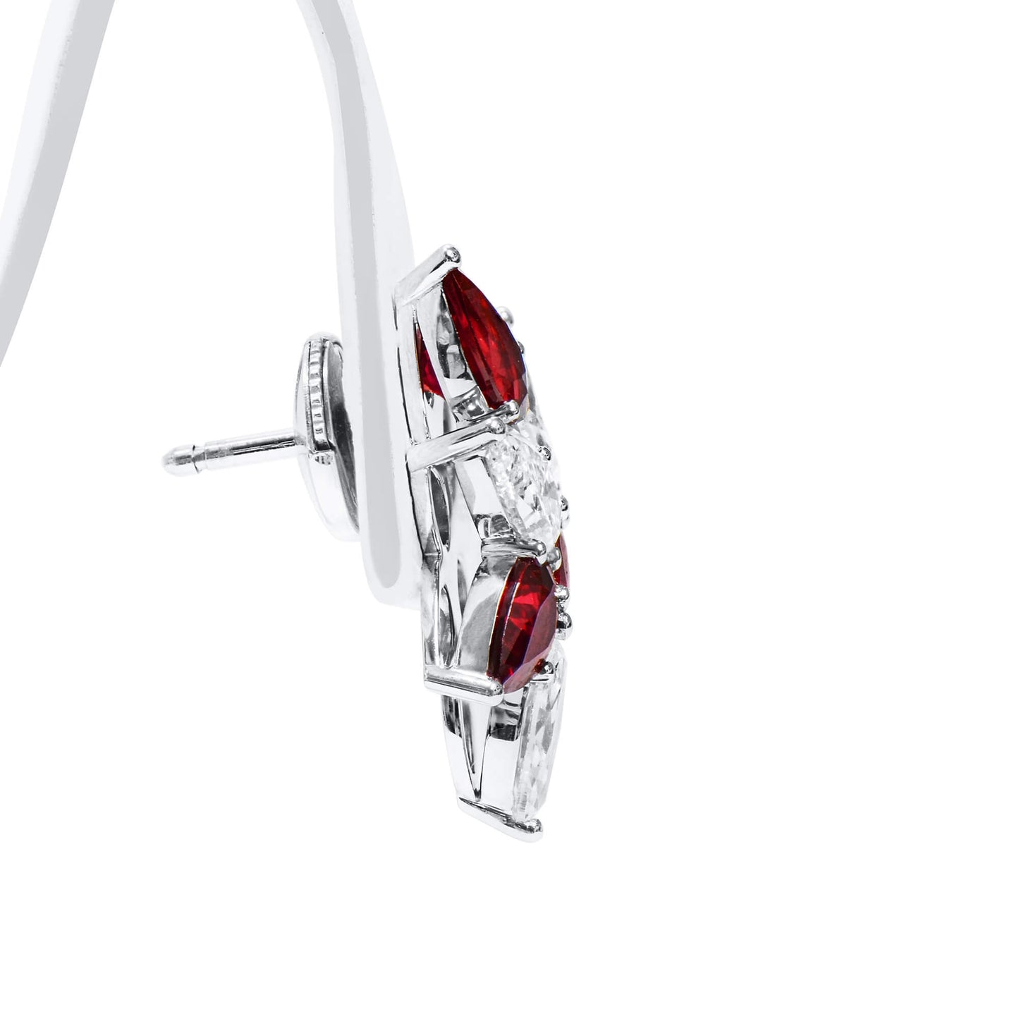 Natural Diamond & Vivid Red Ruby Stud Earrings, 18K White Gold, Pear Shape, 5.80 Ct. TW, unheated