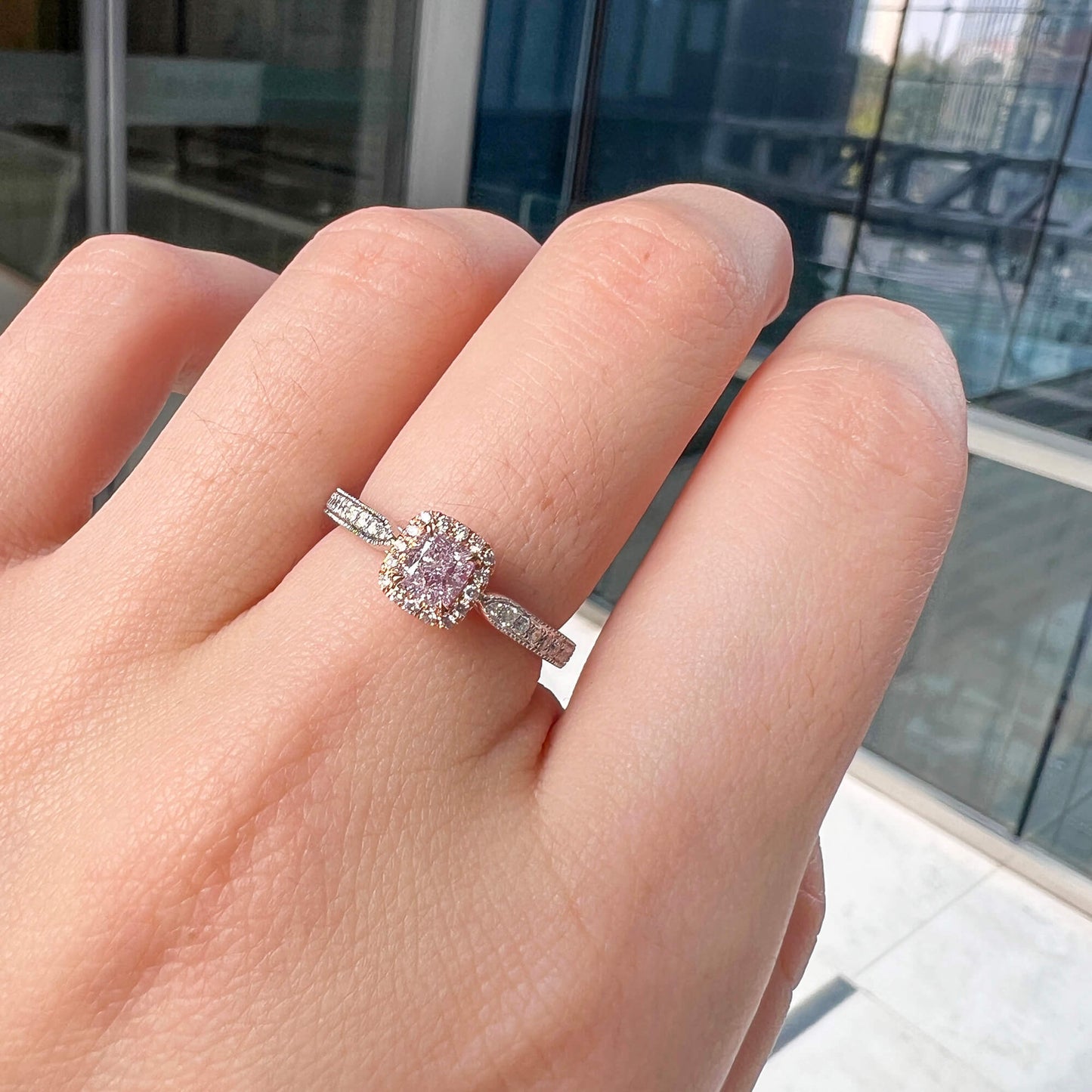 Natural Very Light Pink Diamond Halo Ring, 18K White & Rose Gold, Cushion Shape, 0.74 Ct. TW