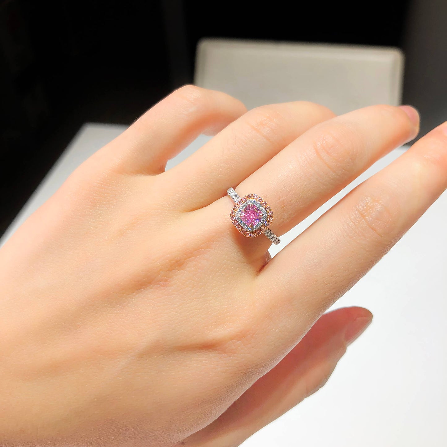 Natural Very Light Pink Diamond Halo Ring, 18K White & Rose Gold, Radiant Shape, 0.91 Ct. TW