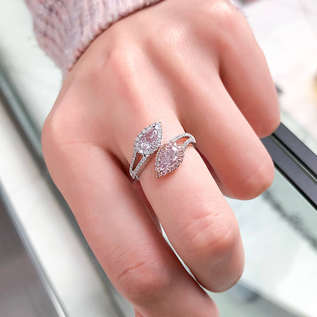 Natural Very Light Pink Diamond Halo Ring, 18K White Gold, Pear Shape, 1.43 Ct. TW