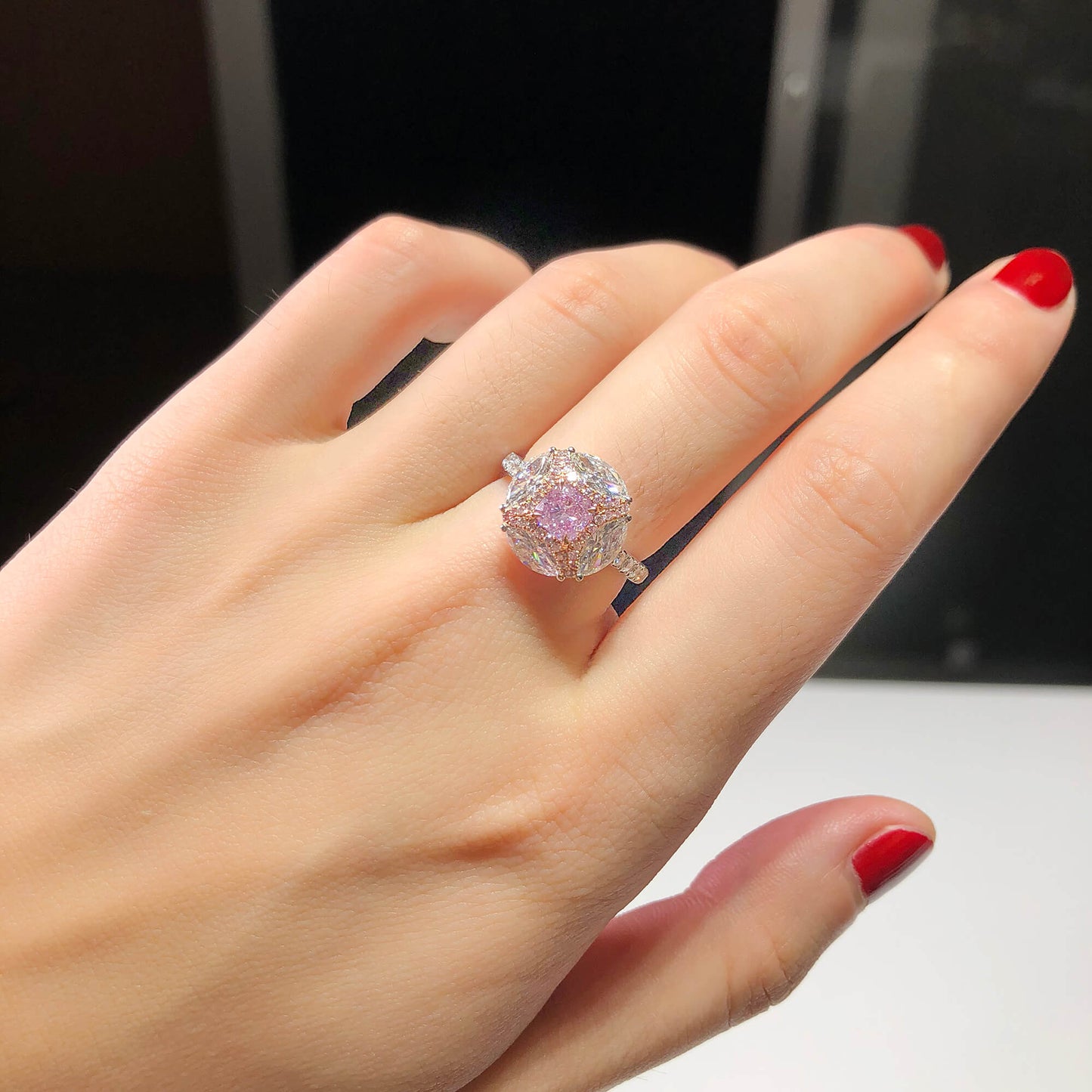 Natural Very Light Pink Diamond Halo Ring, 18K White & Rose Gold, Cushion Shape, 2.31 Ct. TW