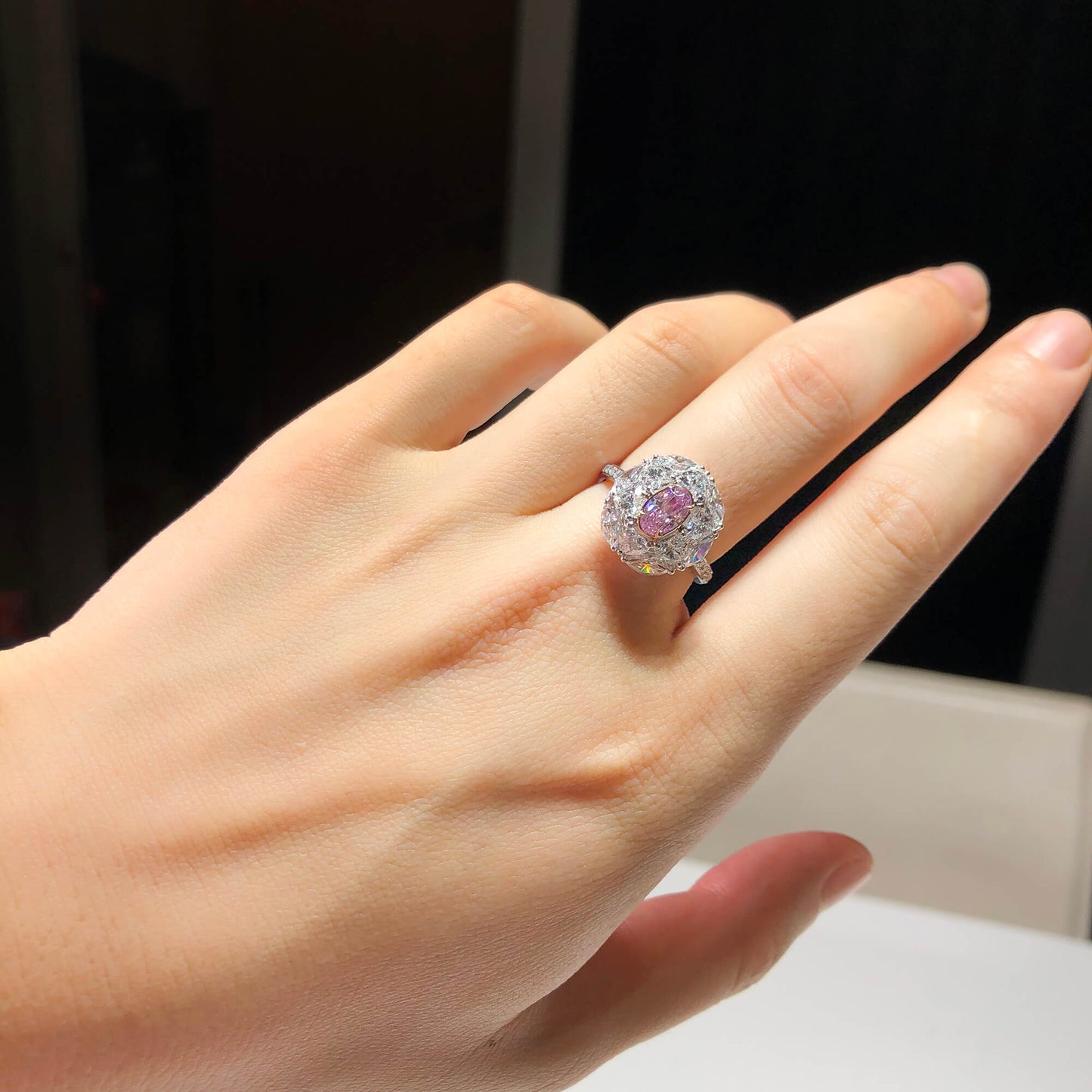 Very Light Pink Diamond Ring, 2.97 Ct. TW, Oval shape, GIA Certified