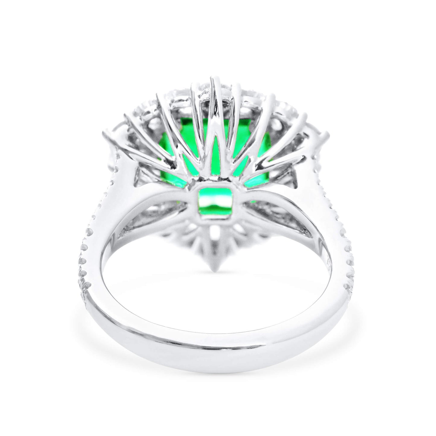 Natural Vivid Green Emerald & Diamond Halo Ring, 18K White Gold, Cushion Shape, 4.62 Ct. TW