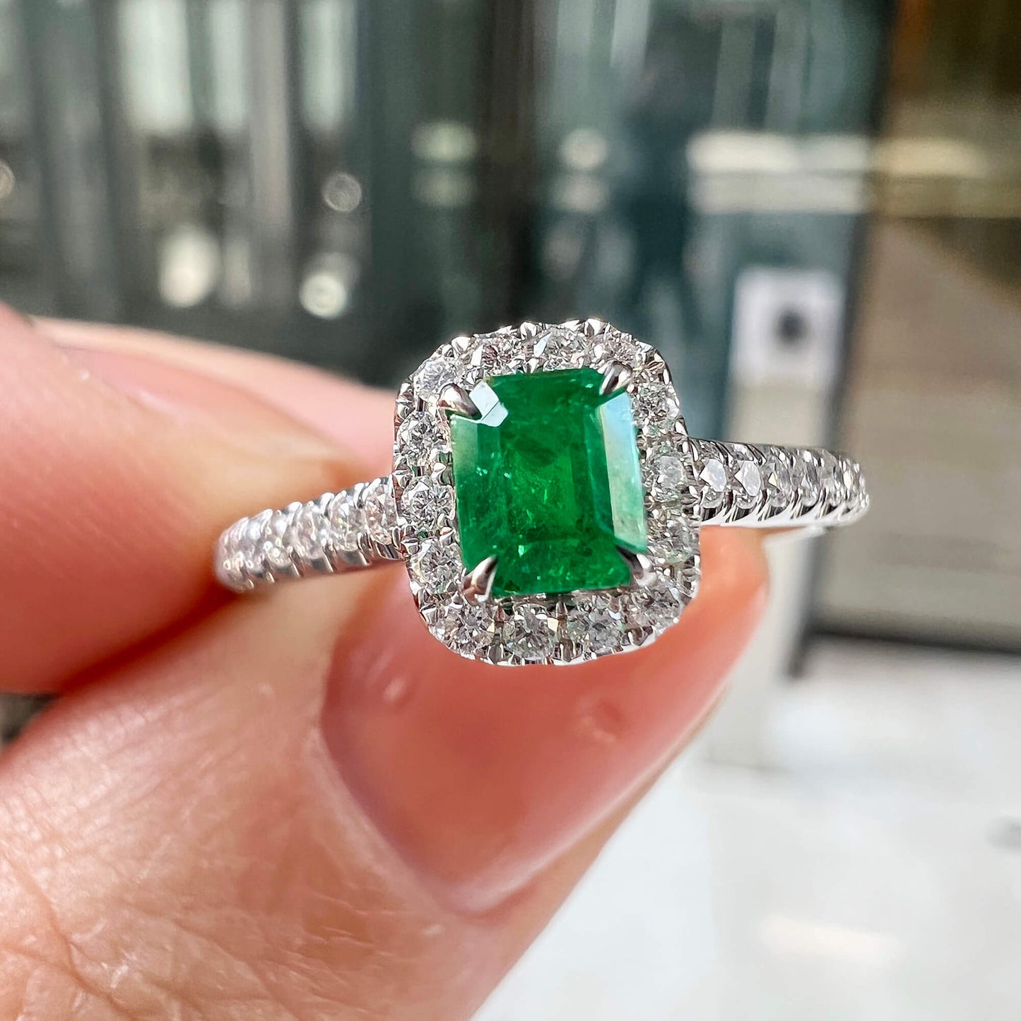Natural Vivid Green Colombian Emerald Halo Ring, 18K White Gold, Radiant Shape, 0.58 Ct. TW