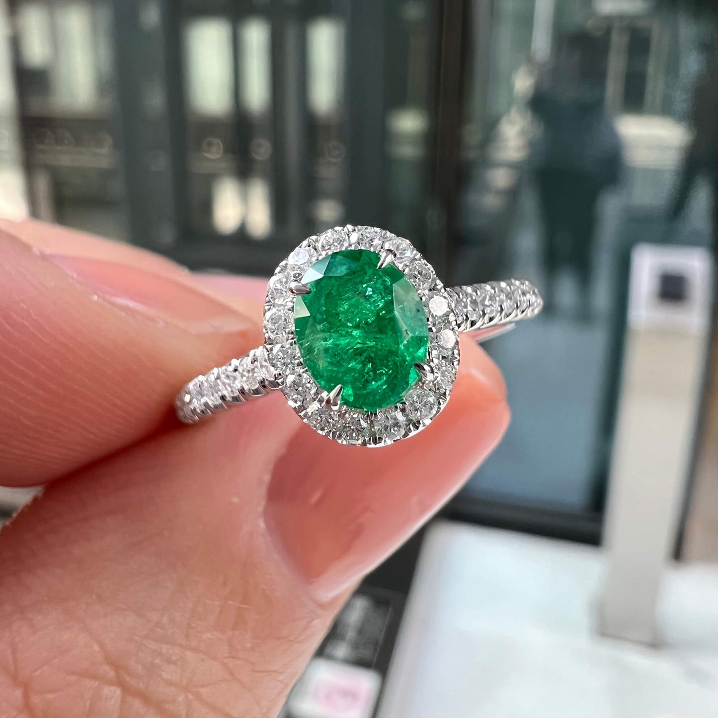 Natural Vivid Green Colombian Emerald Halo Ring, 18K White Gold, Oval Shape, 0.87 Ct. TW