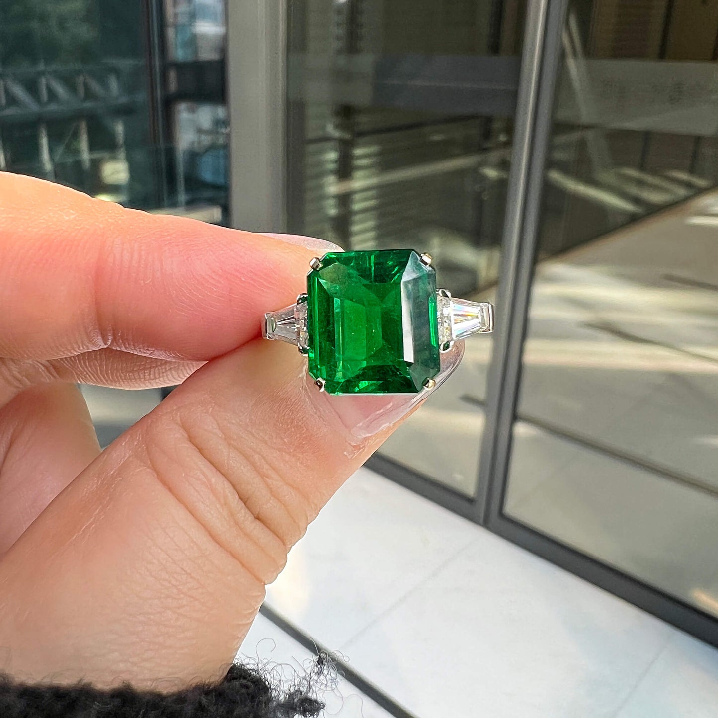 Natural Vivid Green Emerald & Diamond Three Stone Ring, 18K White Gold, Cushion Shape, 6.22 Ct. TW