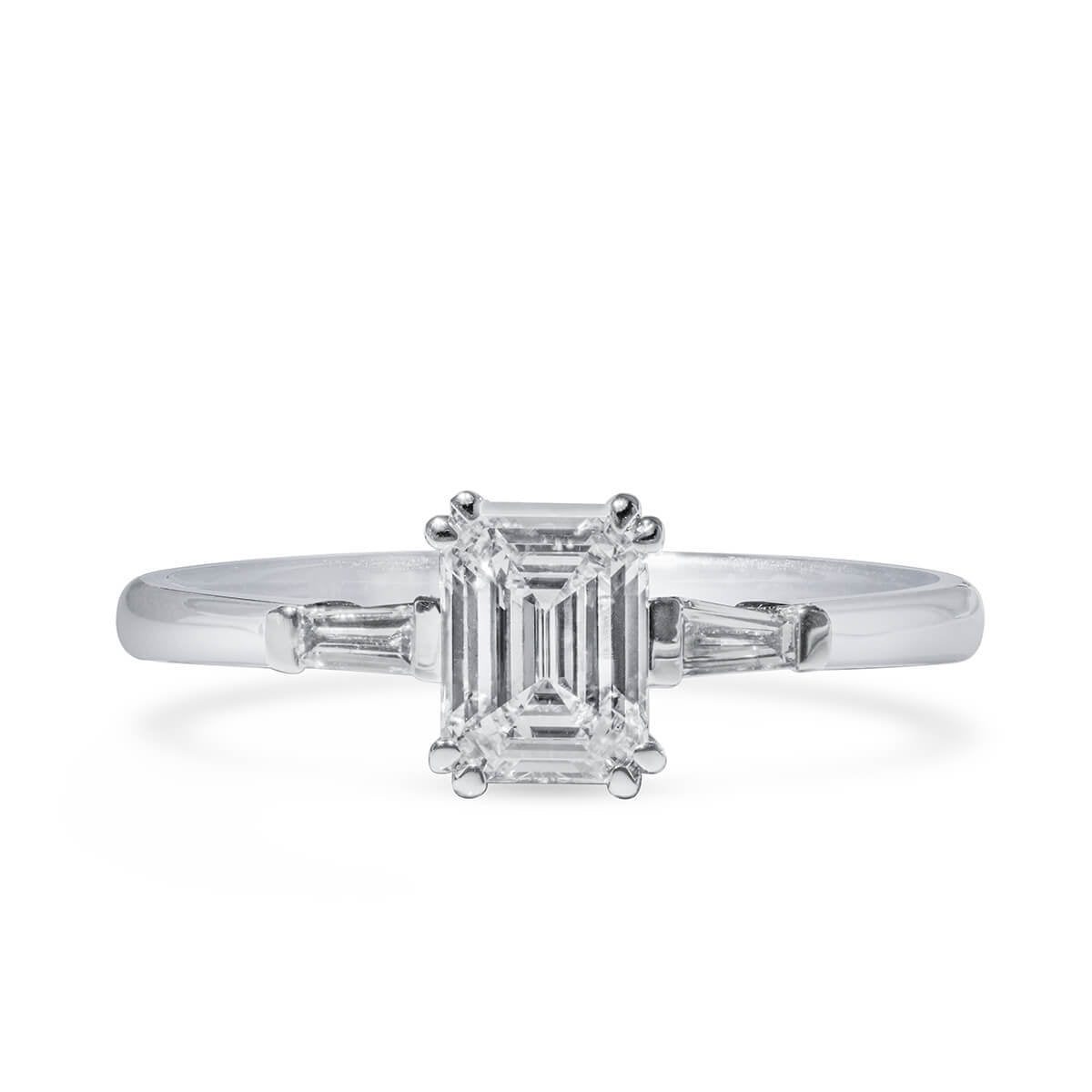 Natural Diamond Three Stone Ring, 18K White Gold, Emerald Shape, 0.87 Ct. TW