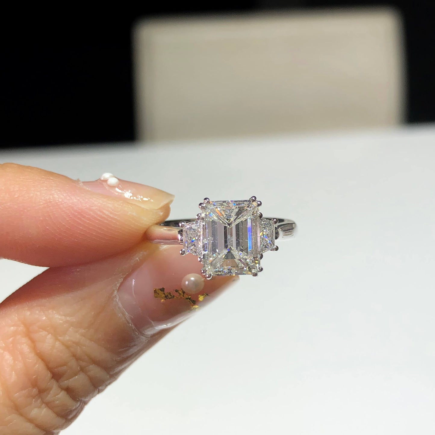 Natural Diamond Three Stone Ring, 18K White Gold, Emerald Shape, 2.32 Ct. TW