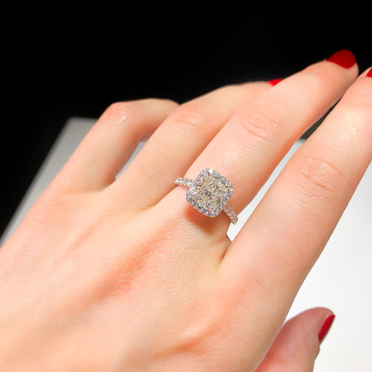 Natural Diamond Halo Ring, 18K White Gold, Cushion Shape, 2.54 Ct. TW