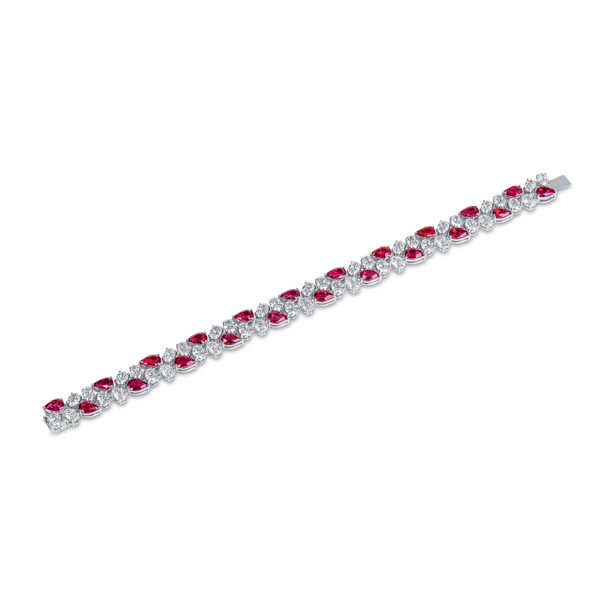 Natural Vivid Red Burmese Ruby and White Diamond Bracelet, 18K White Gold, Pear Shape, 19.57 Ct. TW, unheated