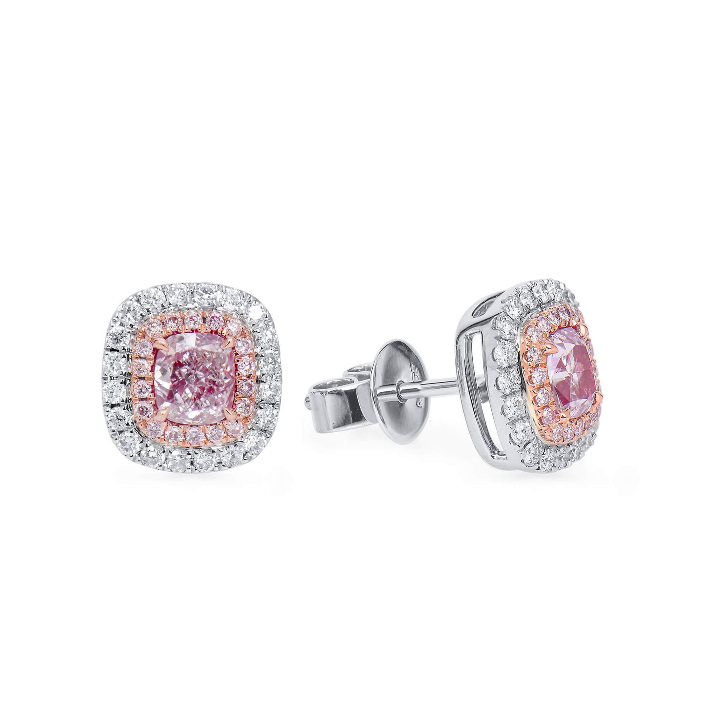 Natural Very Light Pink Diamond Stud Earrings, 18K White & Rose Gold, Cushion Shape, 0.99 Ct. TW