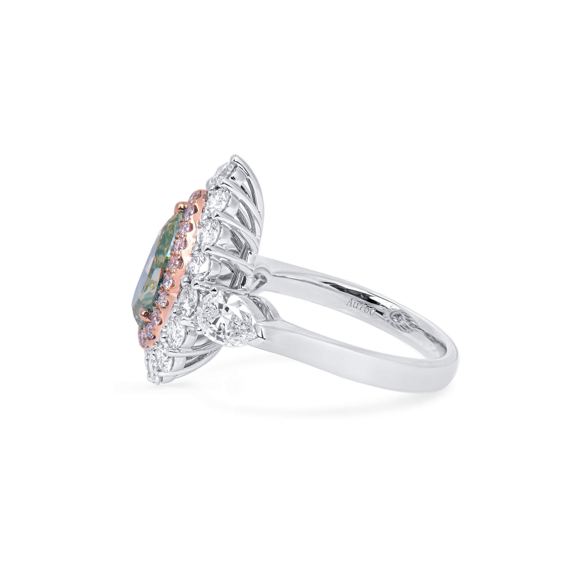 Natural Fancy Grayish Greenish Yellow Diamond Halo Ring, 18K White Gold, Pear Shape, 3.84 Ct. TW