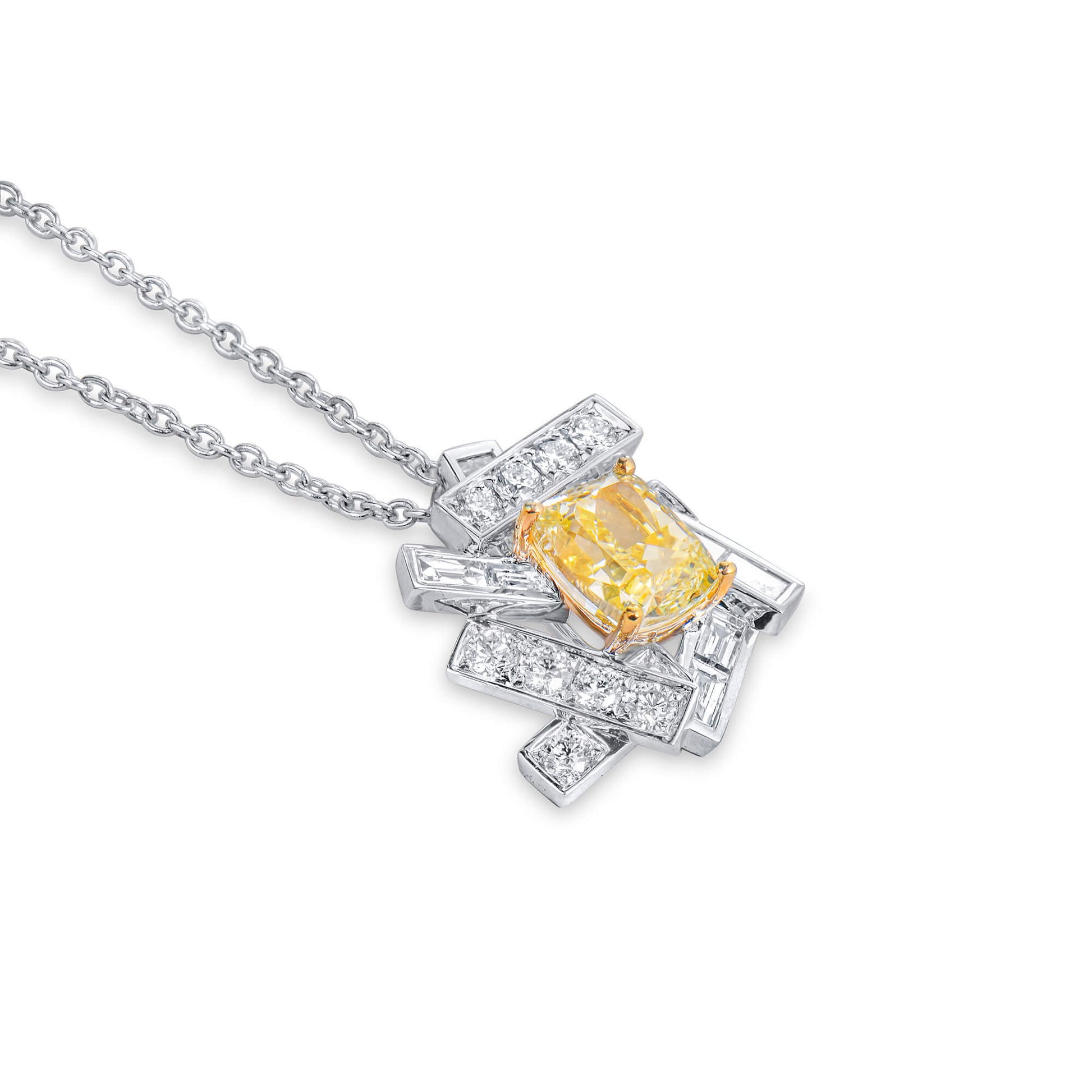 Natural Fancy Yellow Diamond Pendant, 18K White Gold, Cushion Shape, 4.55 Ct. TW