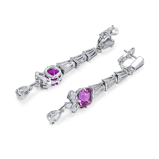 Natural Purplish-Pink Sapphire & Diamond Drop Earrings, 18K White Gold, Cushion Shape, 10.05 Ct. TW