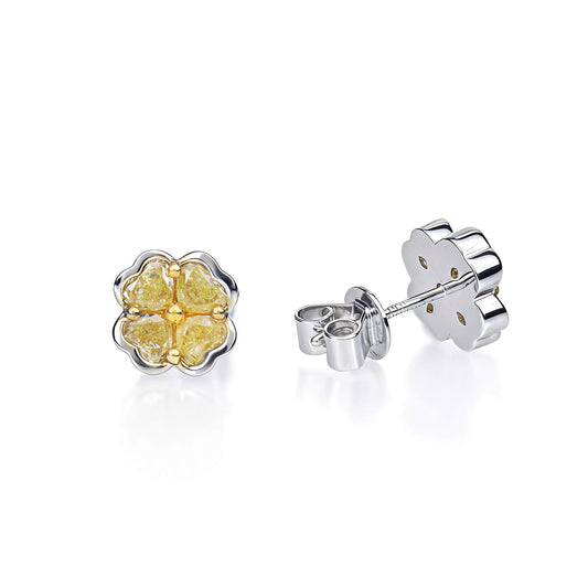 Natural 1.37 Ct. TW Fancy Intense Yellow Heart-Shaped Diamond Clover Stud Earrings, 14K White Gold