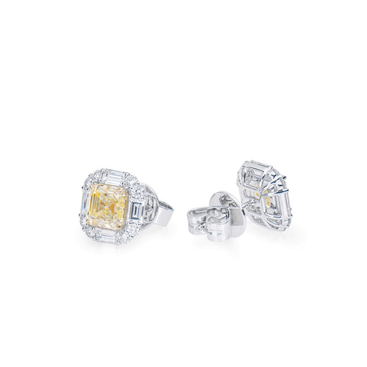 Natural 5.93 Ct. TW Yellow (O-P) Asscher-Cut Diamond Halo Earrings, 18K White Gold