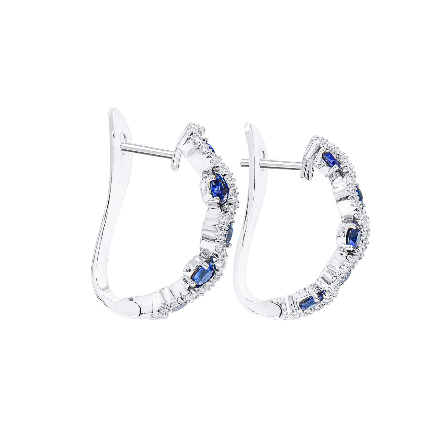 Natural Blue Sapphire Hoop Earrings, 18K White Gold, Round Shape, 2.56 Ct. TW