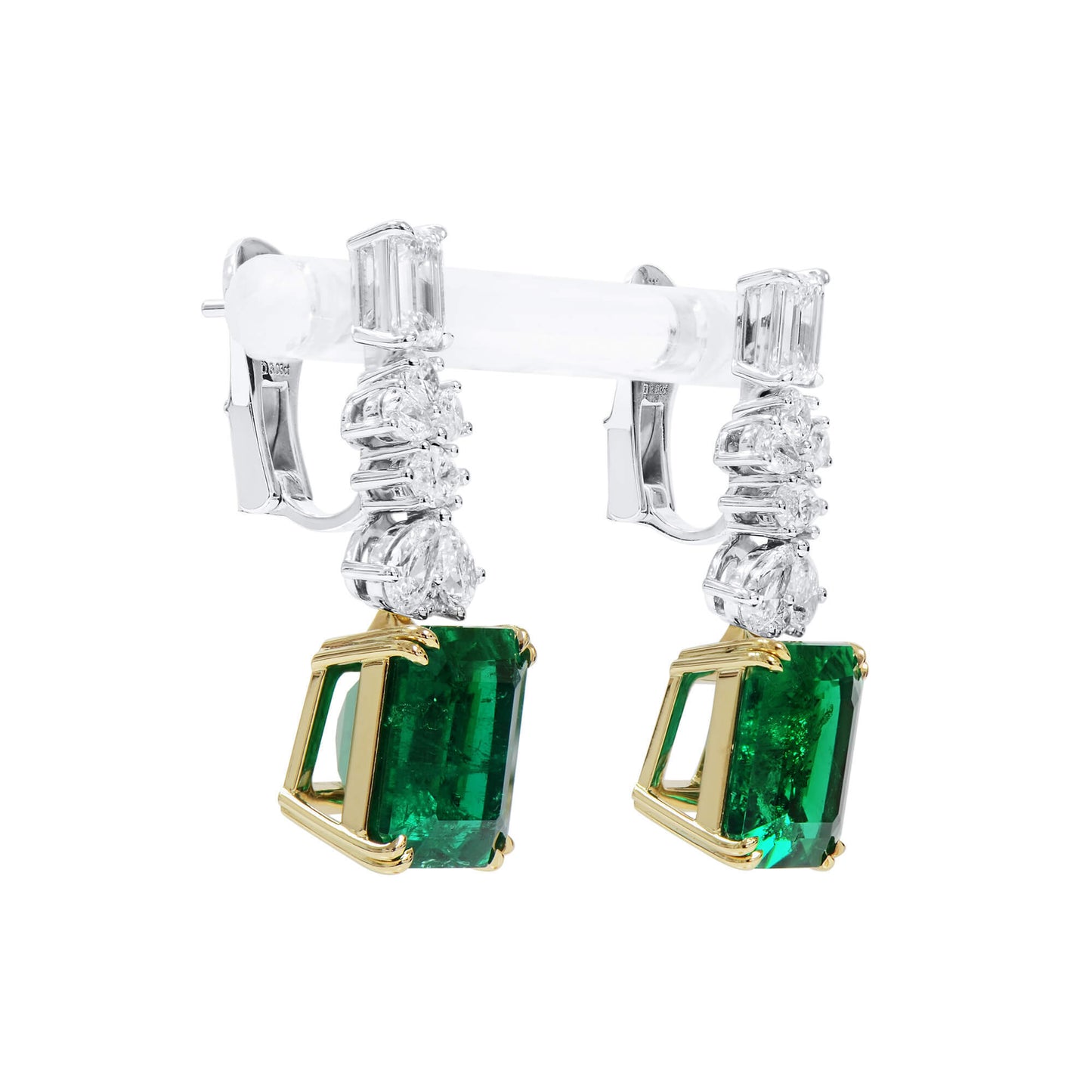 Natural Green Colombian Emerald Drop Earrings, 18K White & Yellow Gold, Emerald Shape, 15.34 Ct. TW