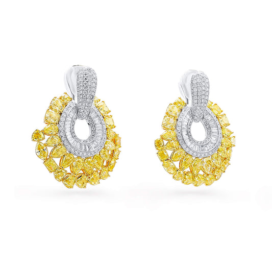 Natural Yellow & White Diamond Drop Earrings, 18K White & Yellow Gold, 15.50 Ct. TW