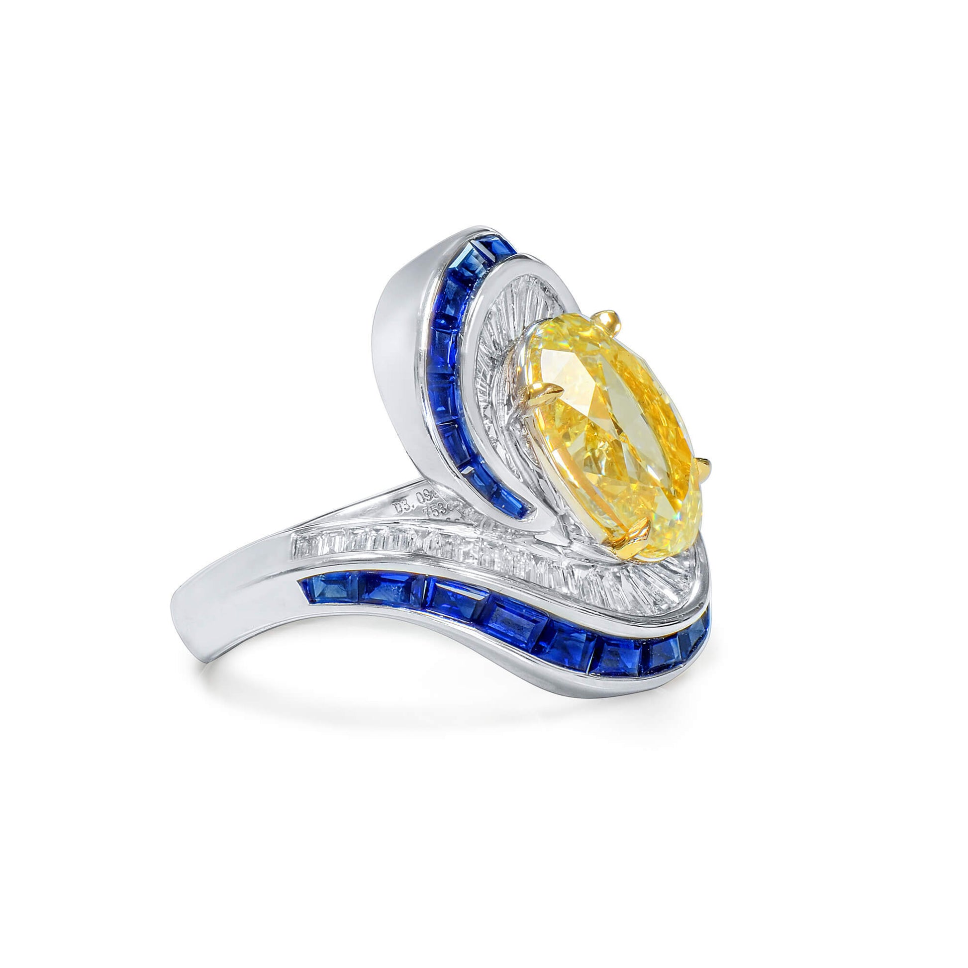 Natural Fancy Light Yellow Oval Diamond Ring with Blue Sapphires & Baguette Diamonds, 18K White Gold, 8.79 Ct. TW