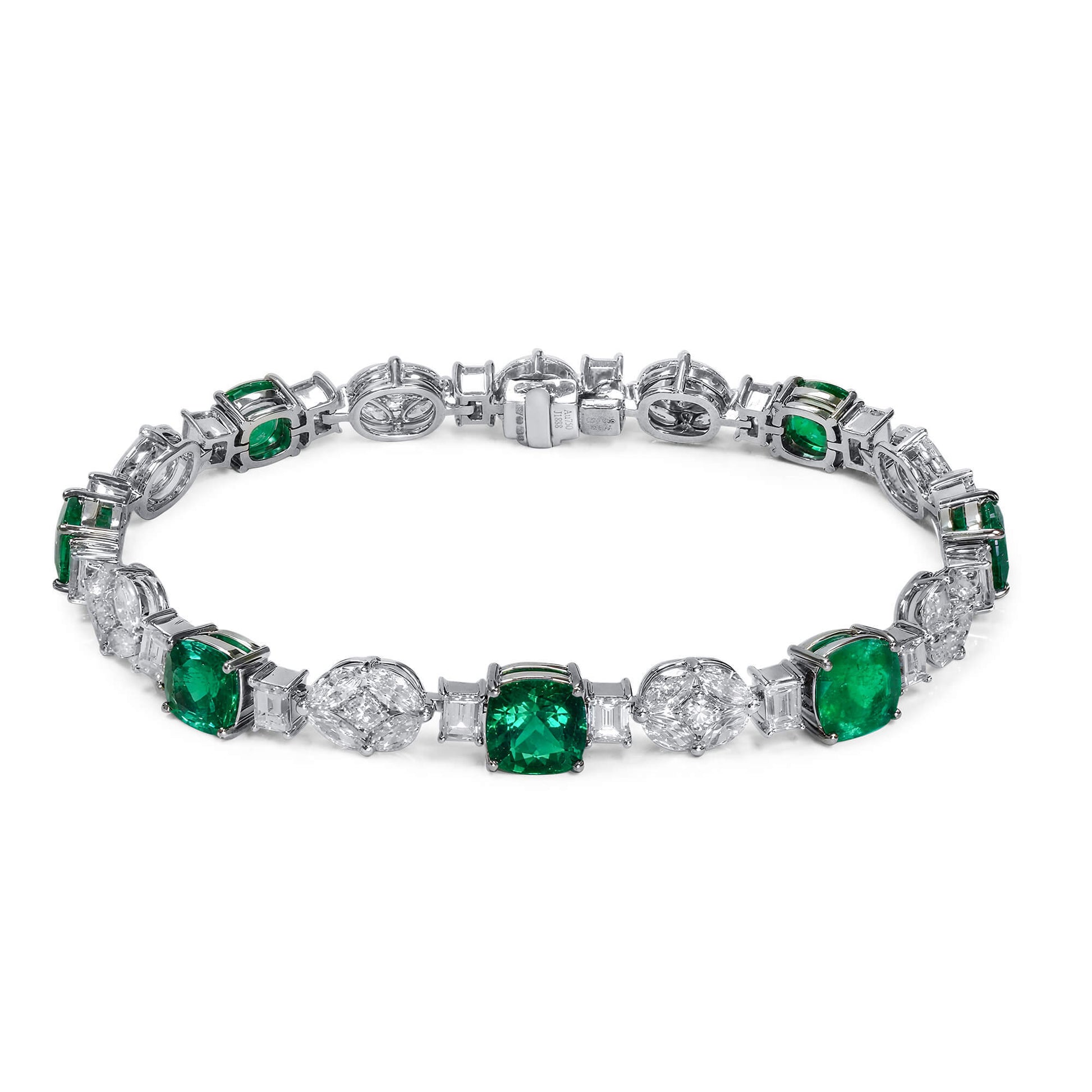 Natural Green Colombian Emerald and White Diamond Bracelet, 18K White Gold, 15.11 Ct. TW