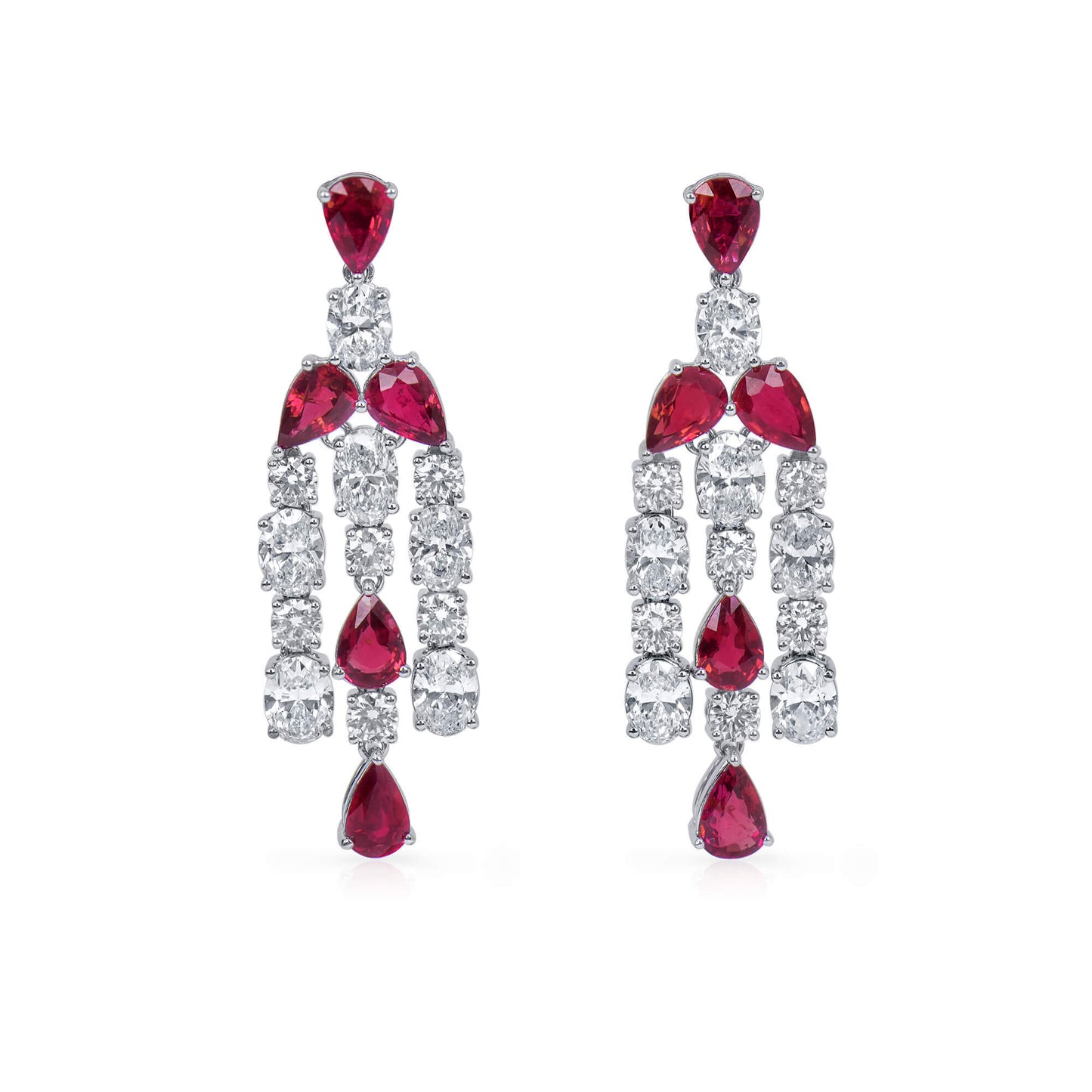 Natural Diamond and Vivid Red Ruby Chandelier Earrings, 18K White Gold, Pear Shape, 9.51 Ct. TW